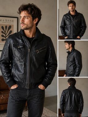 FLAVOR Genuine Pig Leather Bomber Jacket Black Zip Front Moto Coat Men’s Large